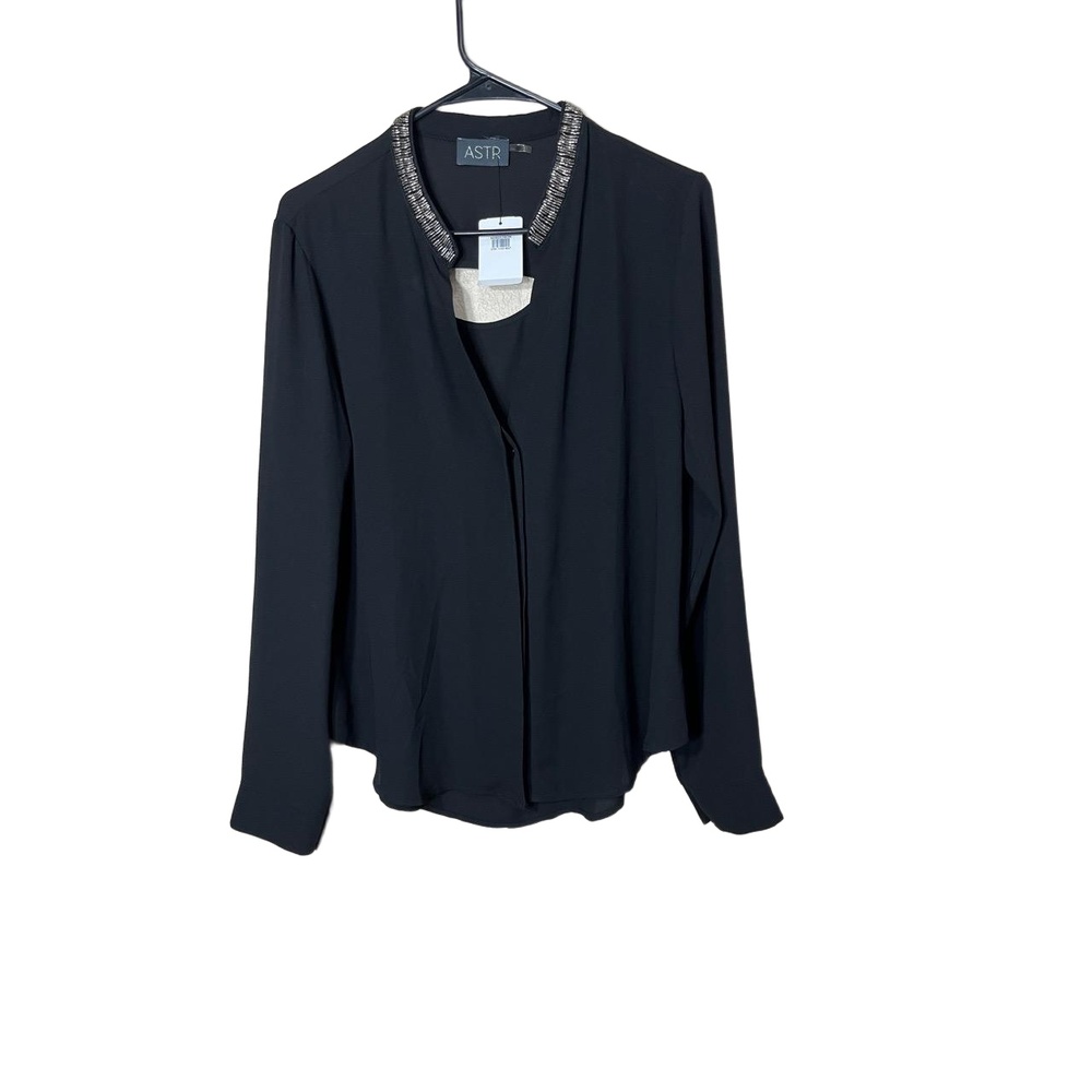 NWT ASTR Black Embellished Collar Long Sleeve Womens Blouse Medium